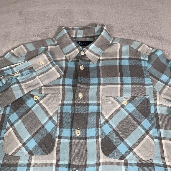 Polo Ralph Lauren Tops - Polo Ralph Lauren Shirt Womens L Gray Blue Plaid Flannel Long Sleeve 2 Pockets